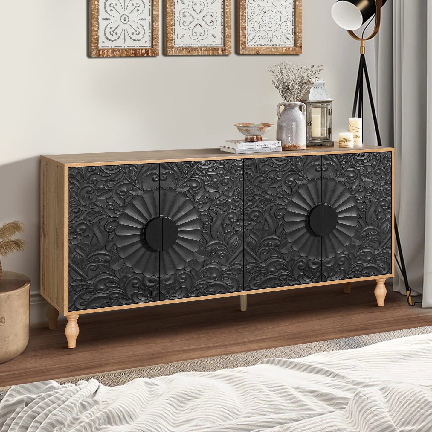 Natural Wood TV Stand Cabinet with Black Carved Doors - 4 Door Storage Console | Decorative Living Room Media Cabinet