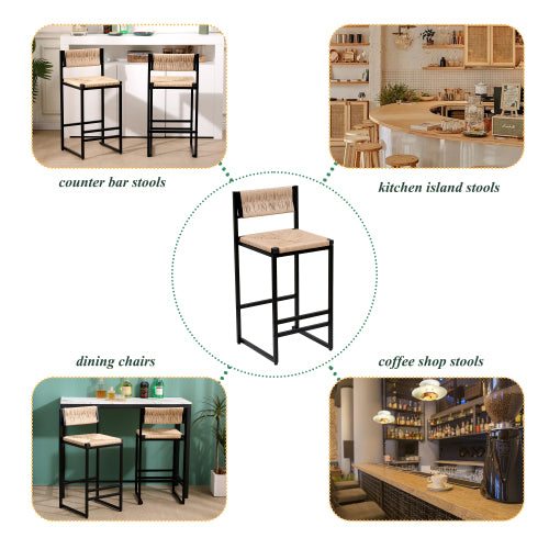 Farmhouse Woven Bar Stools Set of 2 - Natural Paper Rope Seat with Black Metal Frame, Counter Height Kitchen & Island Chairs