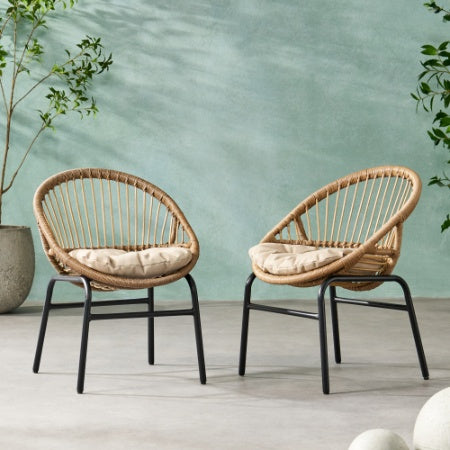 Boho Wicker Patio Chair Set of 2 with Cushions - Indoor/Outdoor Rattan Accent Chairs with Metal Frame, Brown/Beige