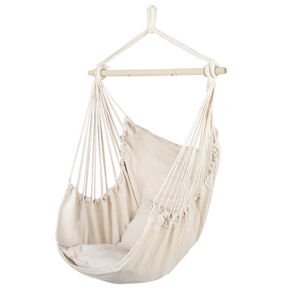 Boho Cotton Canvas Hanging Chair with 2 Pillows - Beige Hammock Swing Chair for Indoor & Outdoor Decor