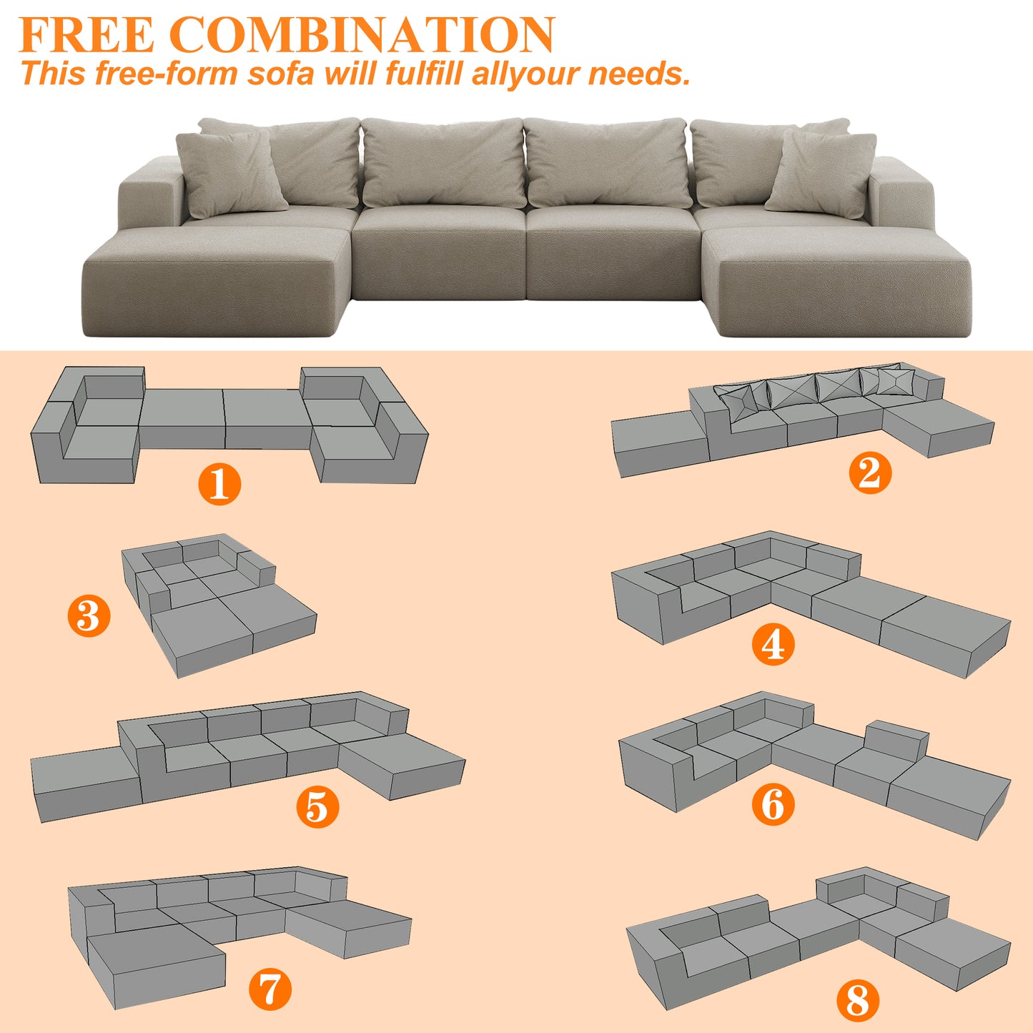 162" Oversized Modular Cloud Sectional Sofa - L-Shaped Chenille Upholstered Couch with Ottoman, 6 Pillows (Beige)