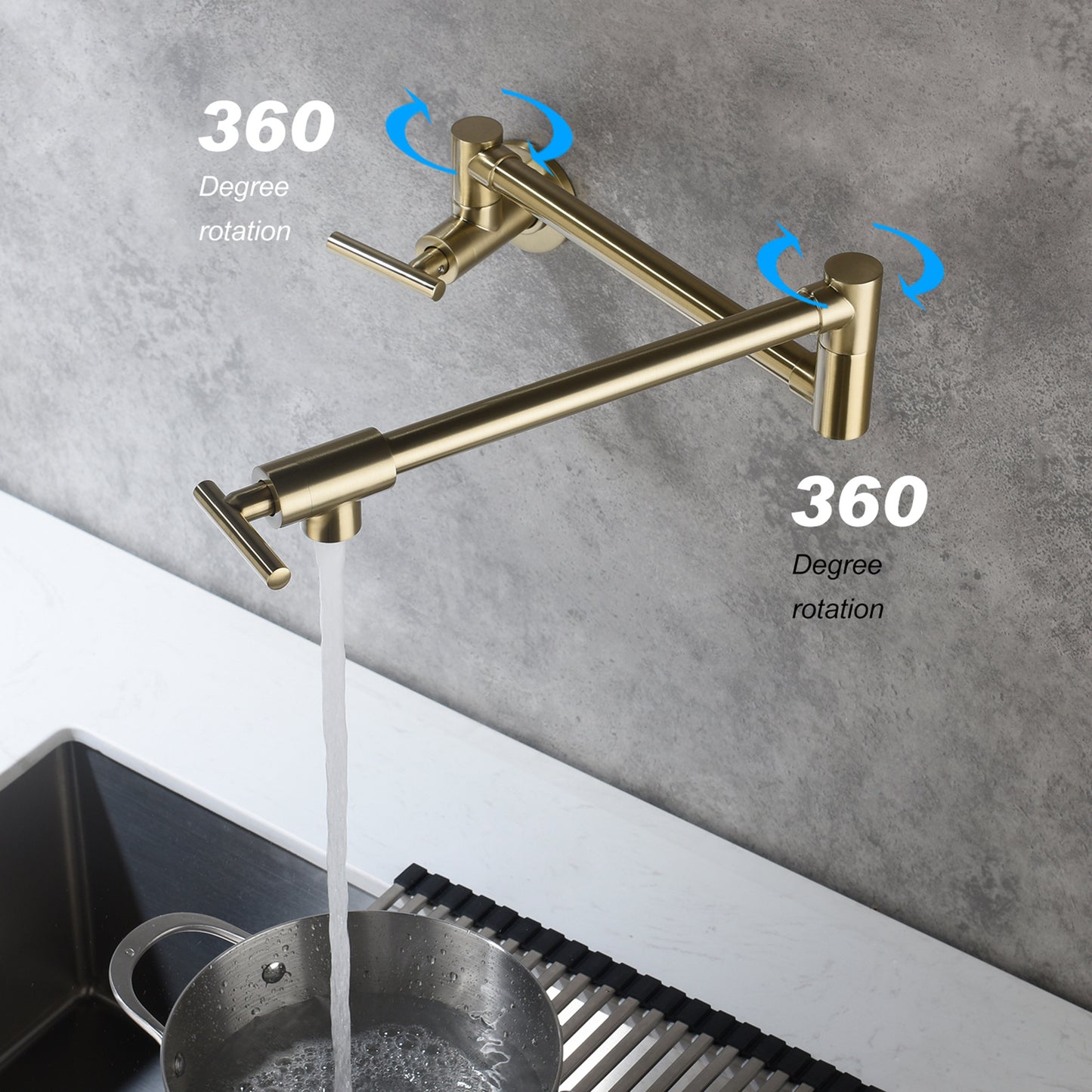 Brushed Gold Wall Mount Pot Filler Faucet | Dual Handle Folding Kitchen Faucet with 360 degree Swivel