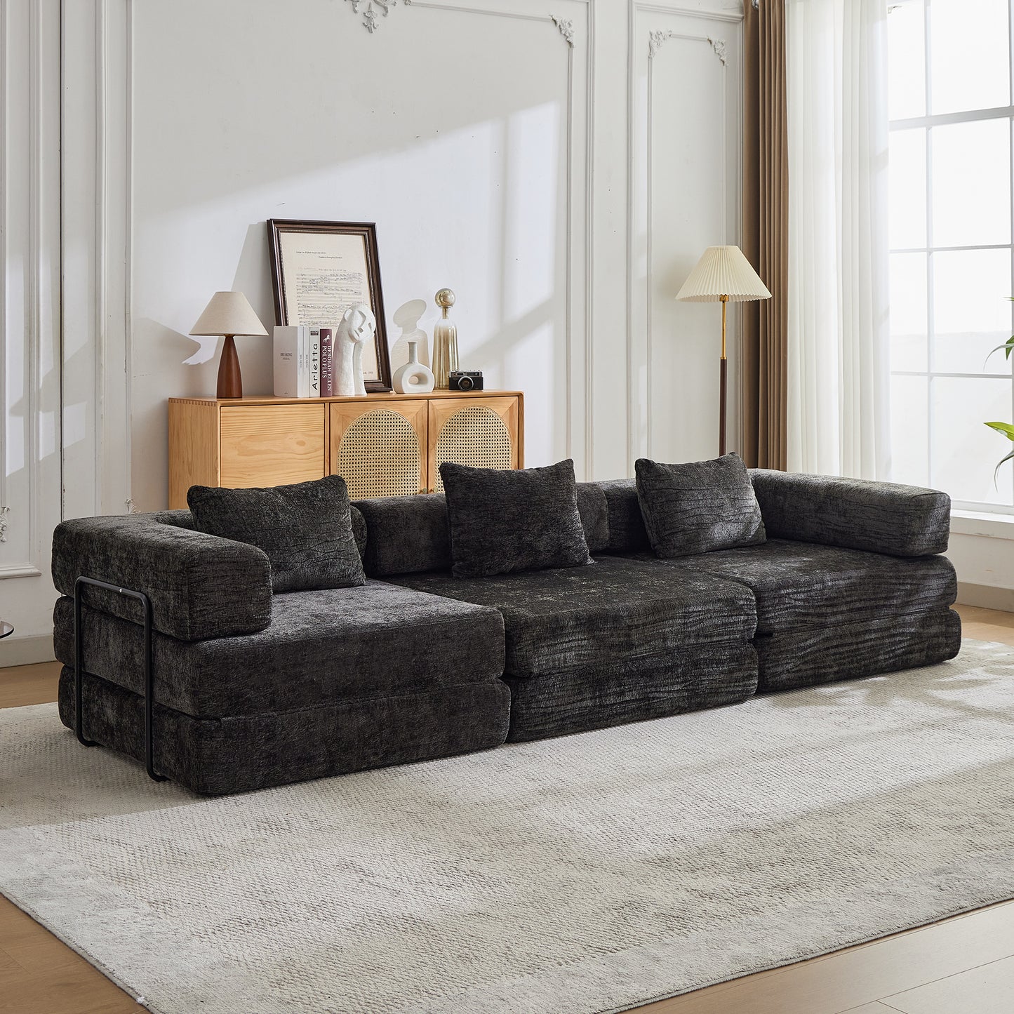 Modular Compression Sofa Bed - Convertible 3-Seater Floor Sofa with Memory Foam | Black Chenille Sleeper Sectional