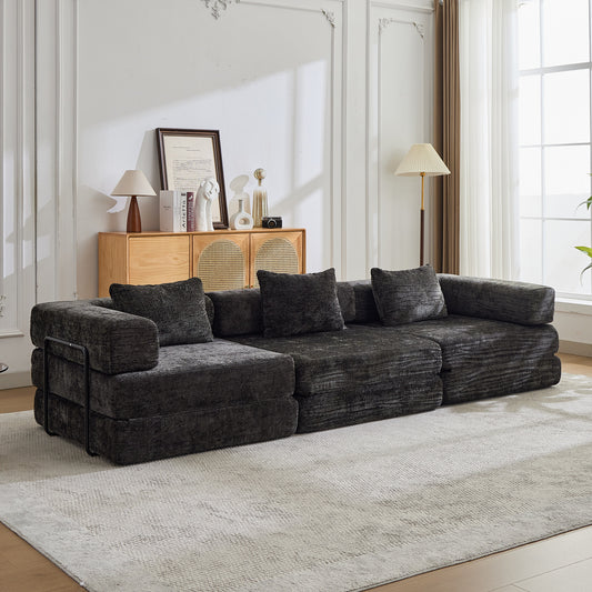 Modular Compression Sofa Bed - Convertible 3-Seater Floor Sofa with Memory Foam | Black Chenille Sleeper Sectional
