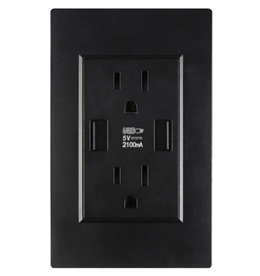 Black Dual USB Wall Outlet - 15A Tamper-Resistant Receptacle with 2 USB Charging Ports (110 - 250V)