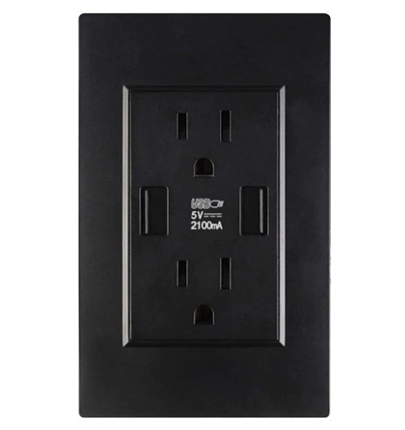 Black Dual USB Wall Outlet - 15A Tamper-Resistant Receptacle with 2 USB Charging Ports (110 - 250V)