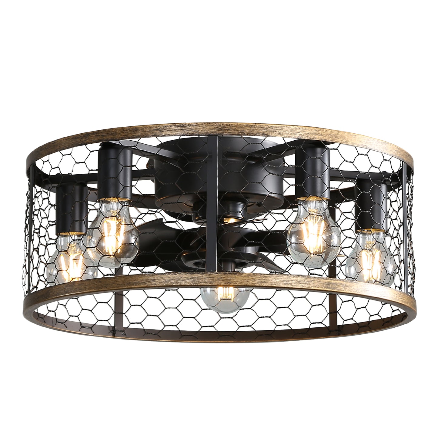 20" Industrial Caged Ceiling Fan with Light - Black Flush Mount, Remote Control, Reversible DC Motor