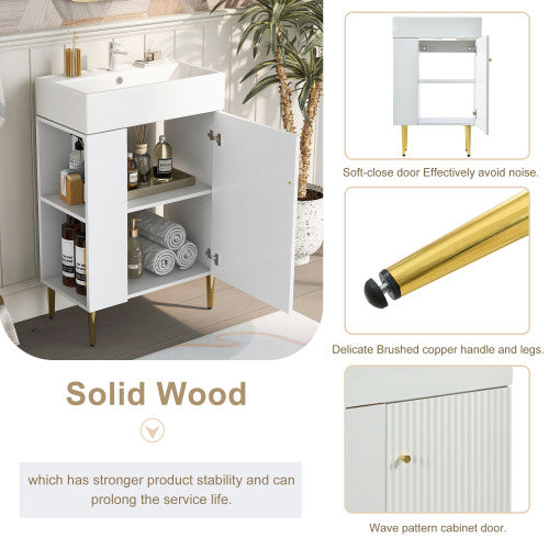 Modern 21.6" Bathroom Vanity with Sink - White Cabinet, Gold Legs & Side Storage for Small Spaces