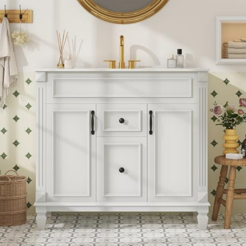 Modern Bathroom Vanity with Sink - 24" / 36" Storage Cabinet with Drawers & Ceramic Basin (White)