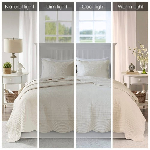 3-Piece Reversible Scalloped Edge Quilt Set - Cream King/Cal King, Lightweight Cottage Style Bedding