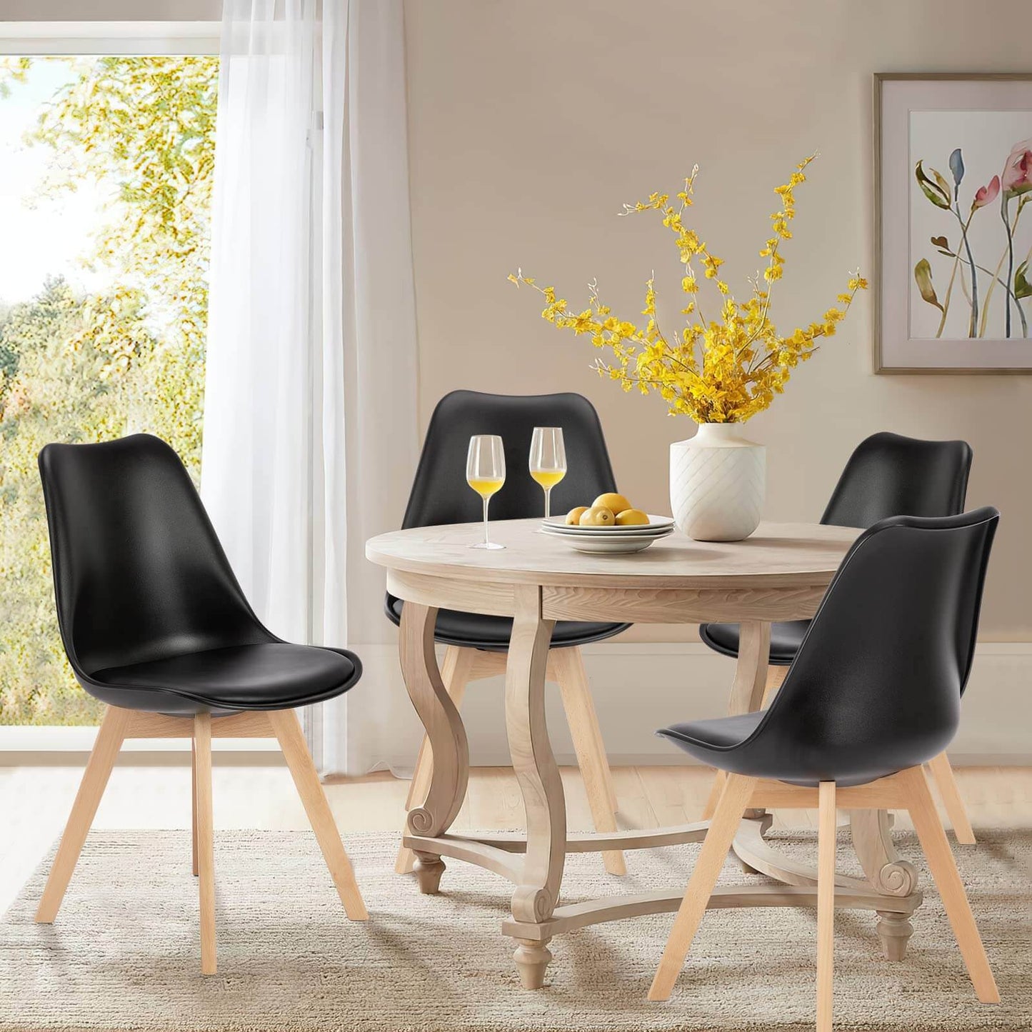 Modern PU Leather Dining Chairs Set of 4 - Upholstered Mid-Century Kitchen & Dining Room Chairs with Wood Legs