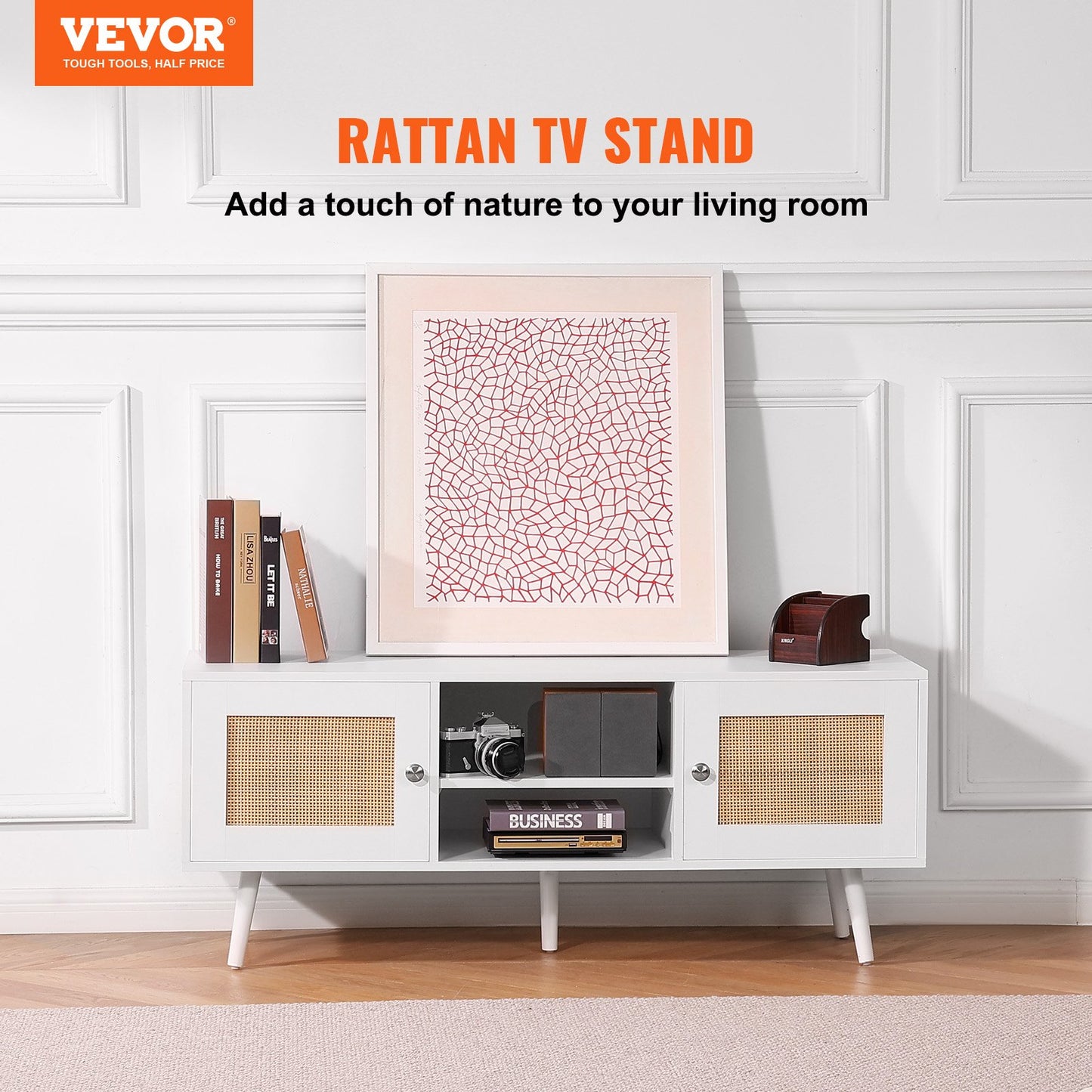 The "Boho-Retreat" 47" Rattan TV Console | Mid-Century Modern Media Center with Artisan-Woven Doors