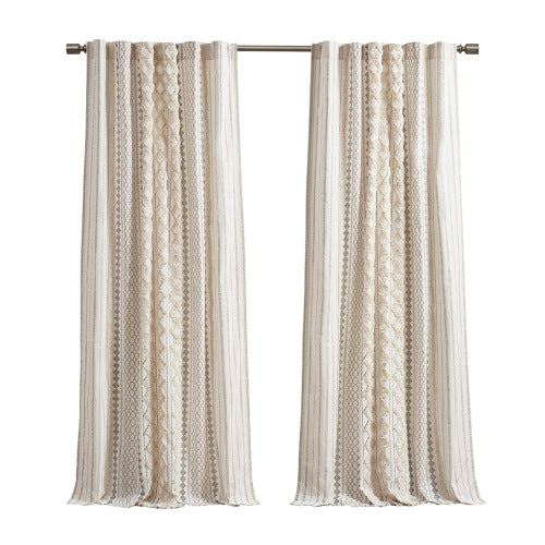 Ivory Boho Cotton Curtain Panel with Chenille Stripe - 50 x 84 Light Filtering Window Curtain (Single Panel)