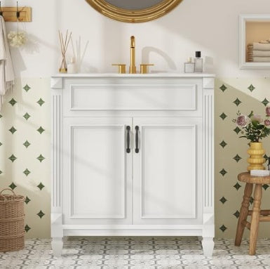 Modern Bathroom Vanity with Ceramic Sink - 24" or 30" Freestanding Cabinet, Soft-Close Doors
