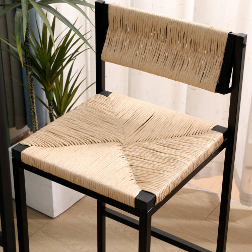 Farmhouse Woven Bar Stools Set of 2 - Natural Paper Rope Seat with Black Metal Frame, Counter Height Kitchen & Island Chairs