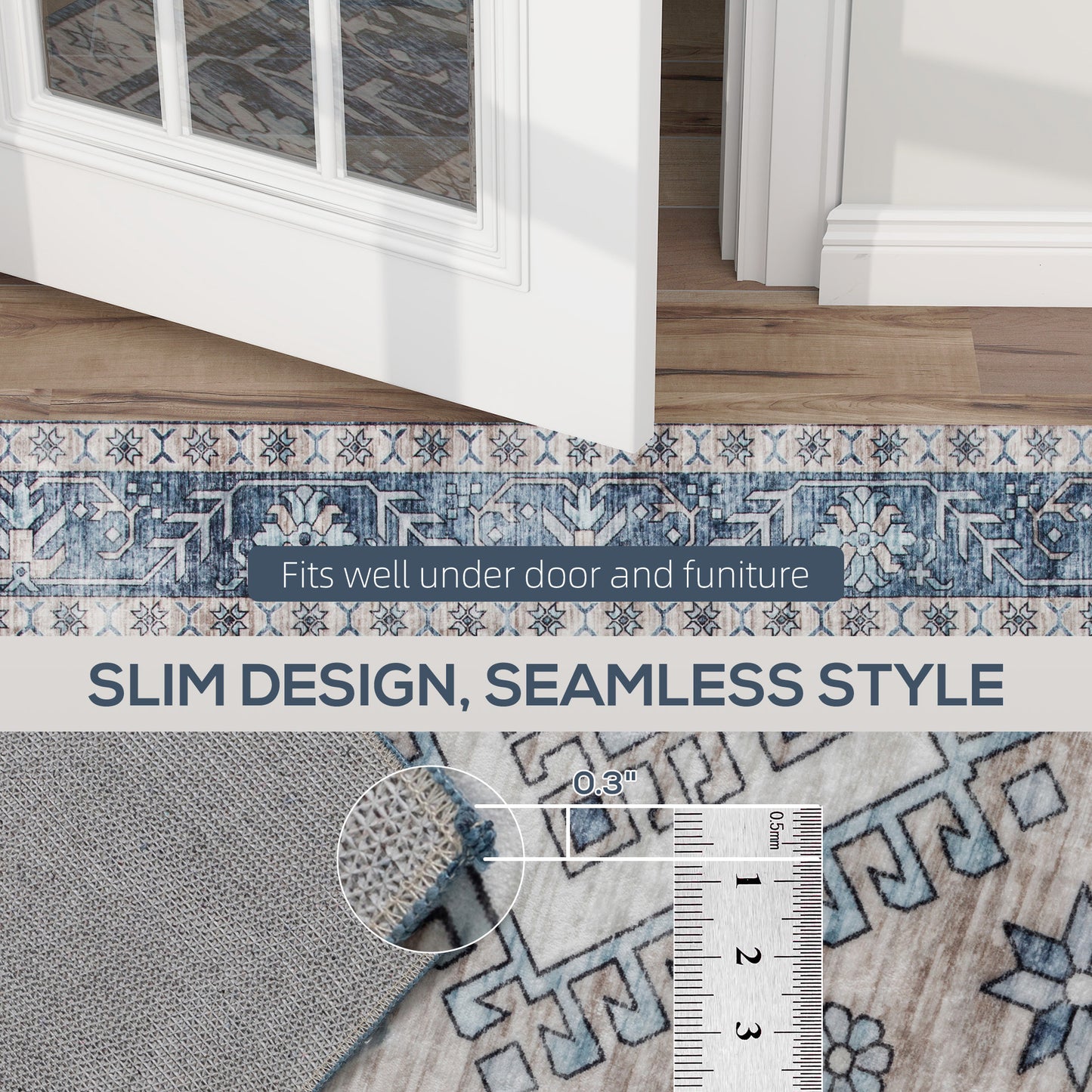 5x7 Vintage Washable Area Rug - Blue Distressed Non-Slip Carpet for Living Room, Bedroom & Dining Room | Soft Low Pile