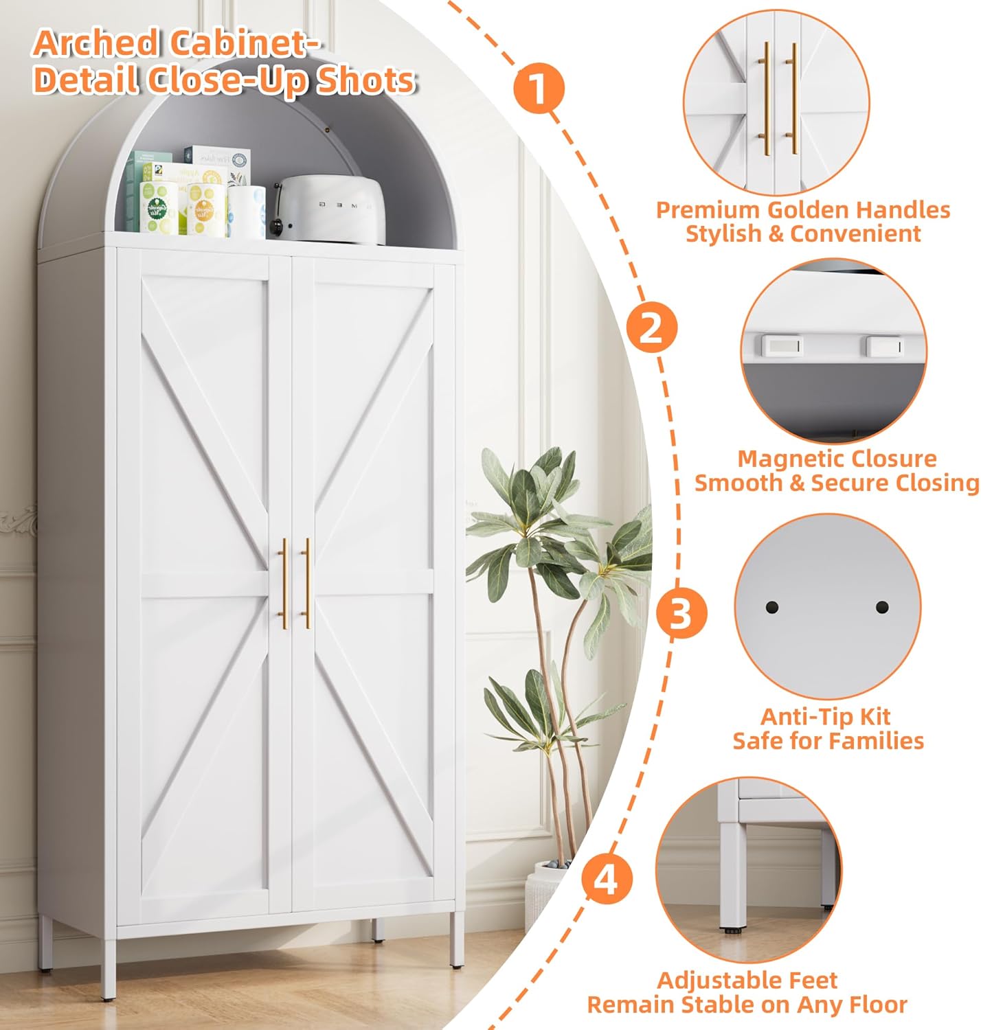 Modern Arched Storage Cabinet with Doors - Tall White Pantry Organizer with Adjustable Shelves | Kitchen, Dining, Bathroom or Living Room
