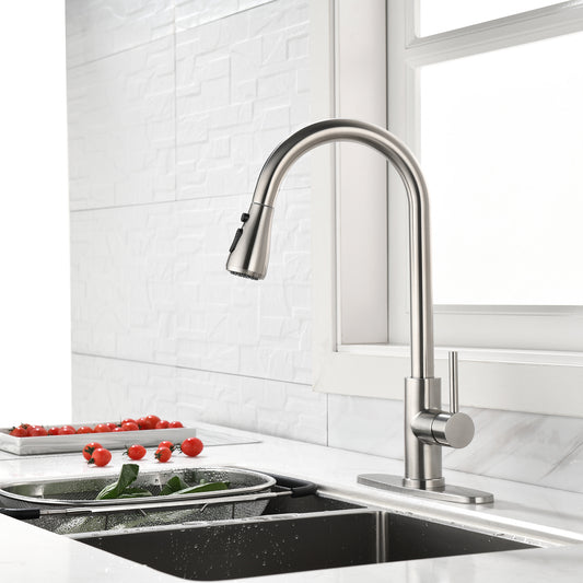 Single Handle Pull-Down Kitchen Faucet - Stainless Steel High Arc Sink Faucet with 360 degree Swivel Sprayer (Silver)