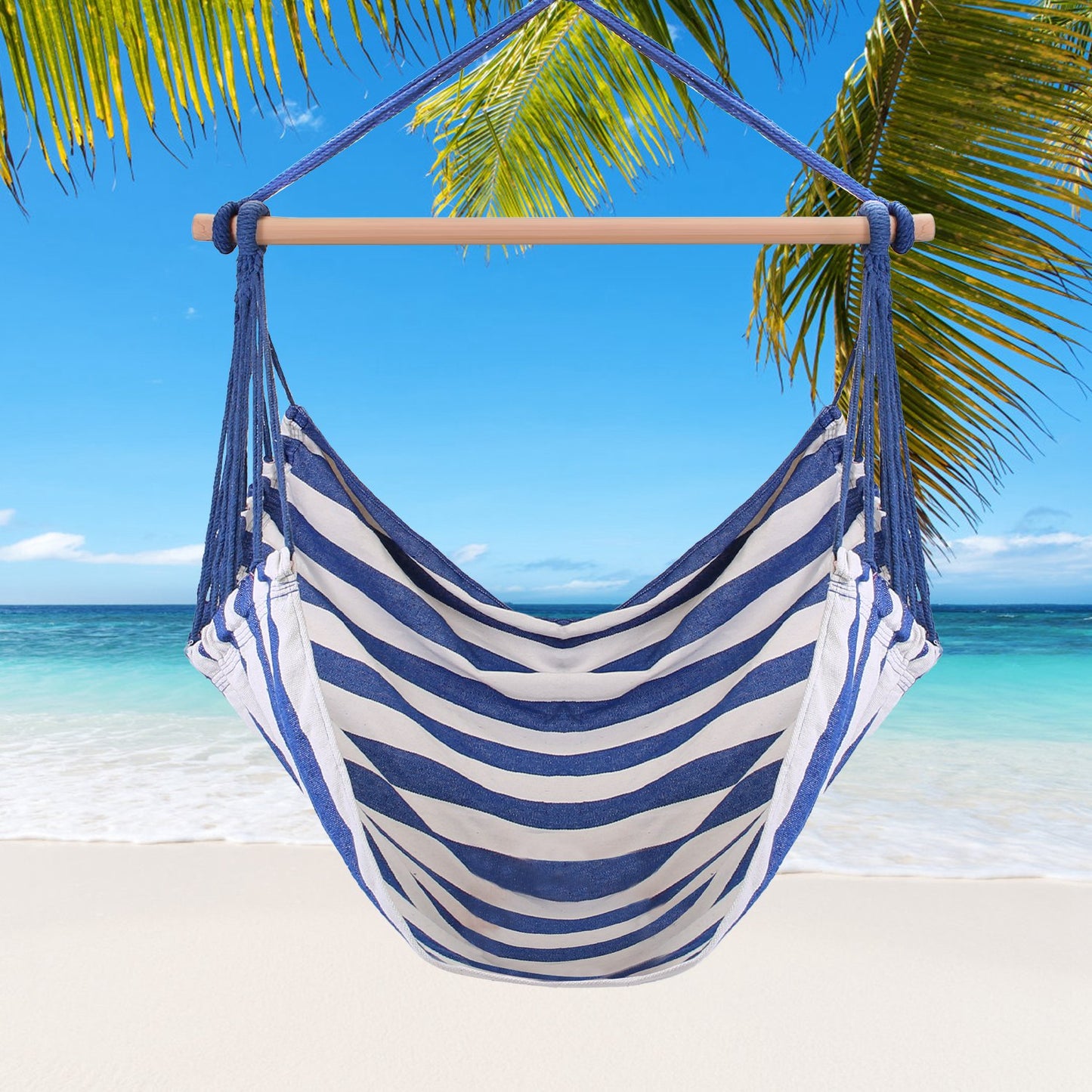 Striped Hanging Hammock Chair with Pillows - Canvas Swing Seat with Wooden Bar, Portable Indoor/Outdoor Rope Chair (Blue/Red)