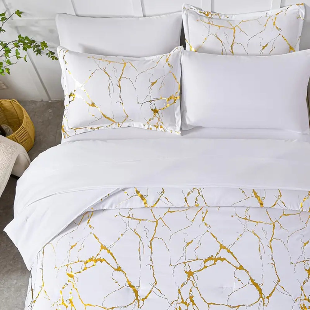 White Marble Duvet Cover Set with Gold Veining - Luxury Soft Bedding Set (Twin, Queen, King) | Modern Hotel Style Comforter Cover