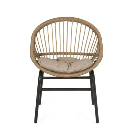 Boho Wicker Patio Chair Set of 2 with Cushions - Indoor/Outdoor Rattan Accent Chairs with Metal Frame, Brown/Beige