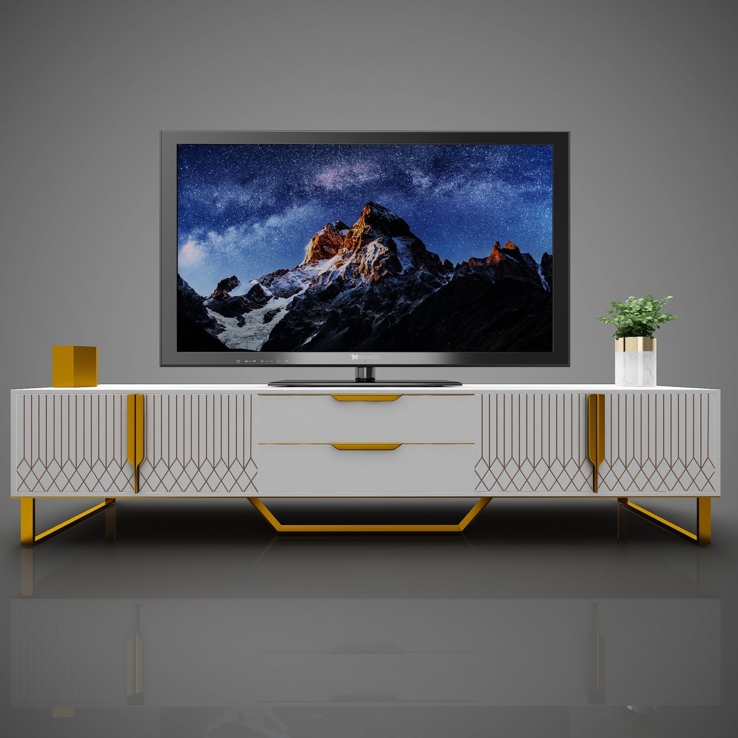Modern White & Gold TV Console - Carved Cabinet Entertainment Center with Metal Legs (Up to 75" TVs)