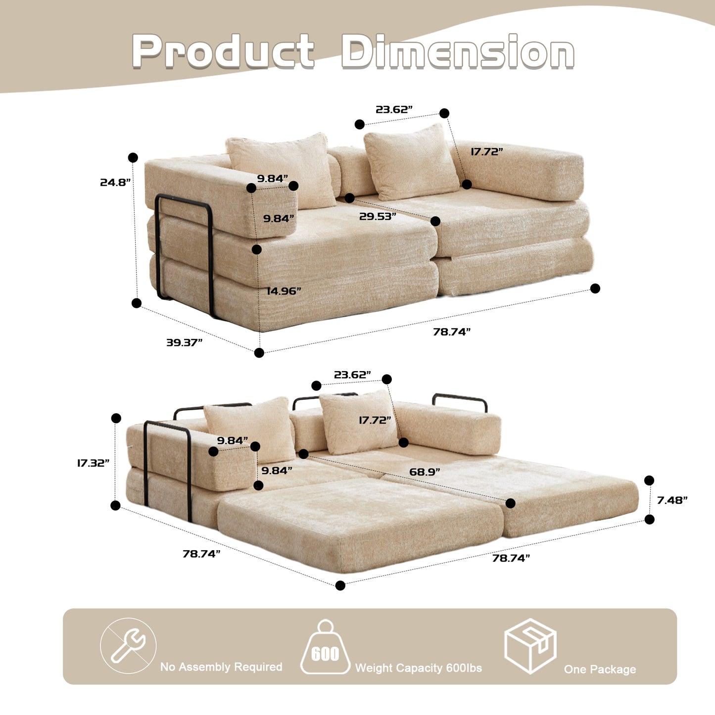 Convertible Floor Sofa Bed - Beige Modular Memory Foam Loung Couch (78" Sleeper)