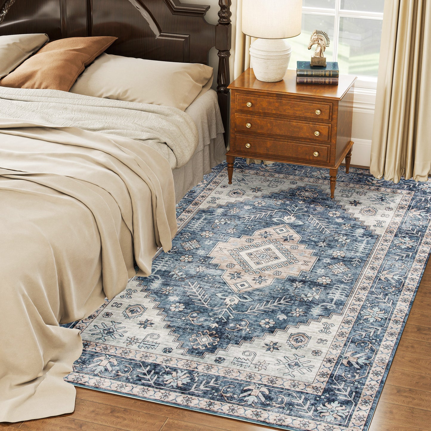 5x7 Vintage Washable Area Rug - Blue Distressed Non-Slip Carpet for Living Room, Bedroom & Dining Room | Soft Low Pile