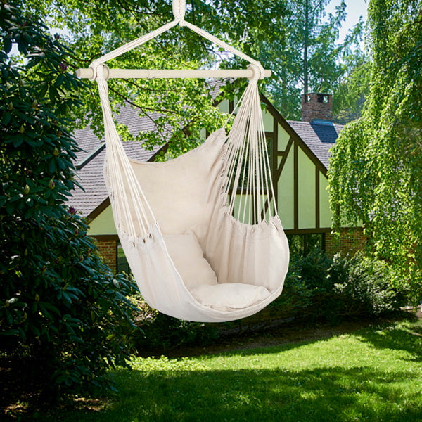 Boho Cotton Canvas Hanging Chair with 2 Pillows - Beige Hammock Swing Chair for Indoor & Outdoor Decor