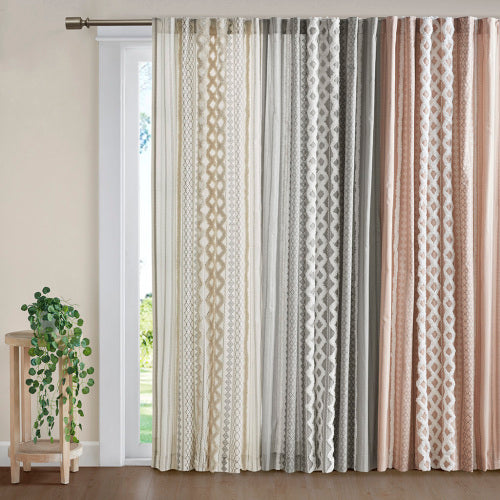 Ivory Boho Cotton Curtain Panel with Chenille Stripe - 50 x 84 Light Filtering Window Curtain (Single Panel)