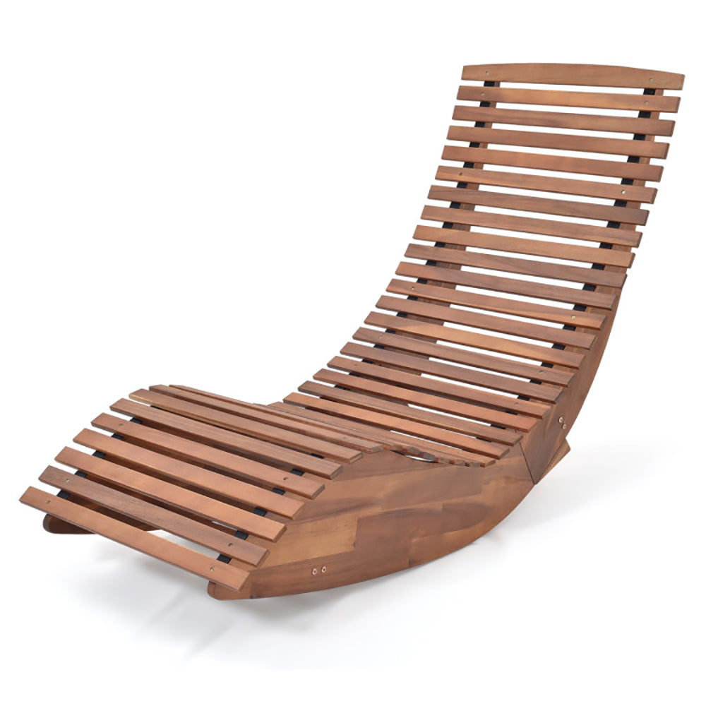 Outdoor Acacia Wood Rocking Lounge Chair - Ergonomic High Back Slatted Patio Rocker | Natural Finish Sun Lounger for Porch, Deck & Garden