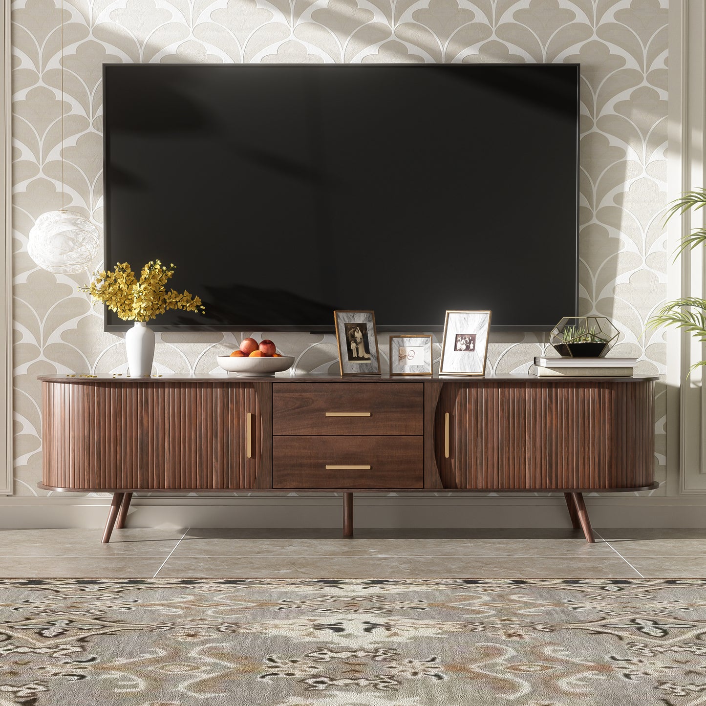 The "Horizon Oval" 71" Mid-Century Console | Solid Wood Leg Media Center with Space-Saving Sliding Doors