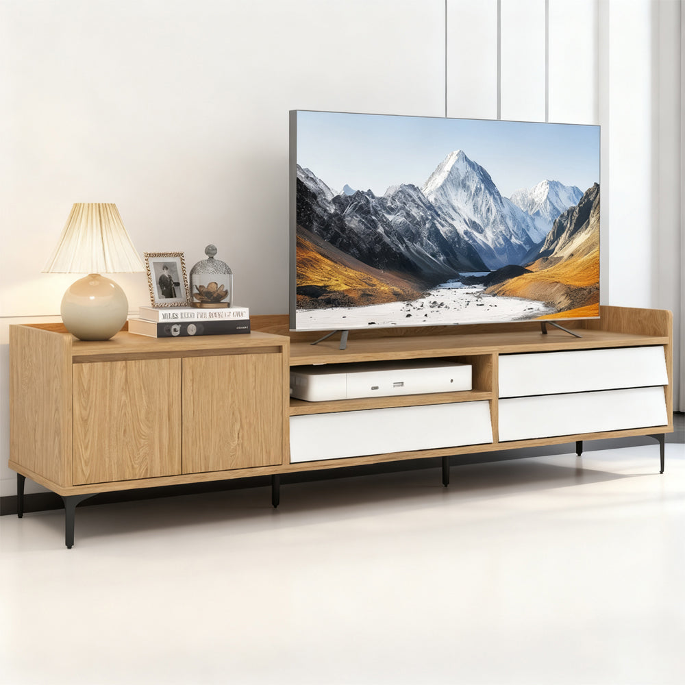 Mid-Century Modern TV Stand for TVs up to 80" - 71" Wood Entertainment Center with Drawers, Cabinet & Open Storage