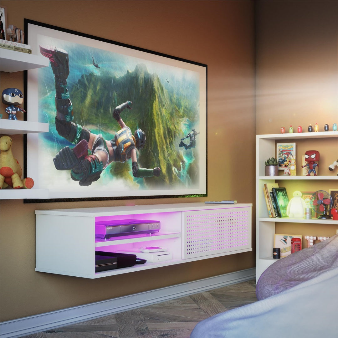 Floating TV Stand with LED Lights - Wall Mounted Gaming Media Console (Up to 60" TVs, White)