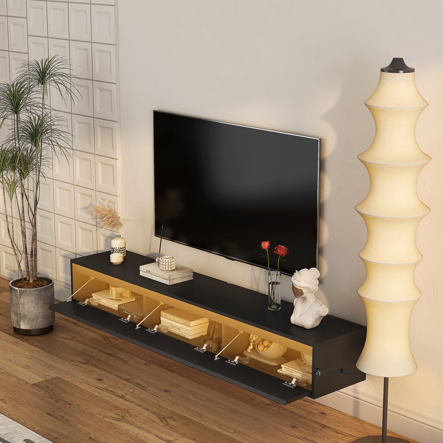 Floating TV Stand with LED Lights - Wall Mounted Entertainment Center with Storage Shelves, Power Outlets & USB Ports (Black High Gloss)