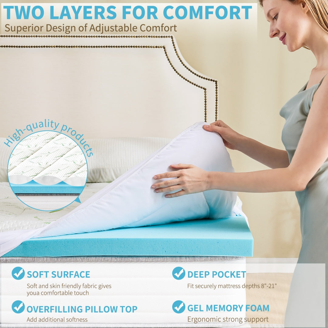 Cooling Gel Memory Foam Mattress Topper with Plush Pillow Top - Dual Layer Pressure Relief Pad for Back Pain | Twin, Full, Queen, King