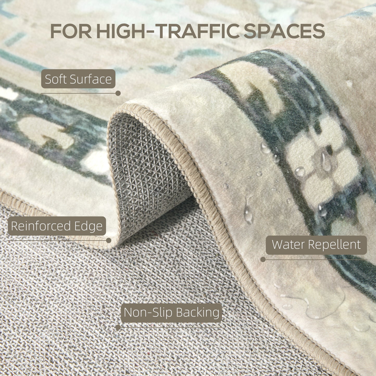 8x10 Vintage Boho Area Rug - Soft Washable Low Pile Carpet, Neutral Cream with Subtle Blue Accents