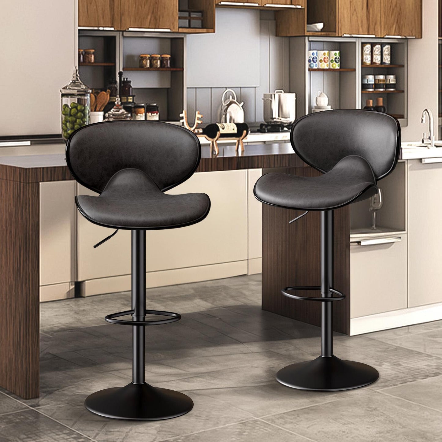 Modern Adjustable Swivel Bar Stools (Set of 2) - Black PU Leather Counter Height Chairs with Backrest & Footrest