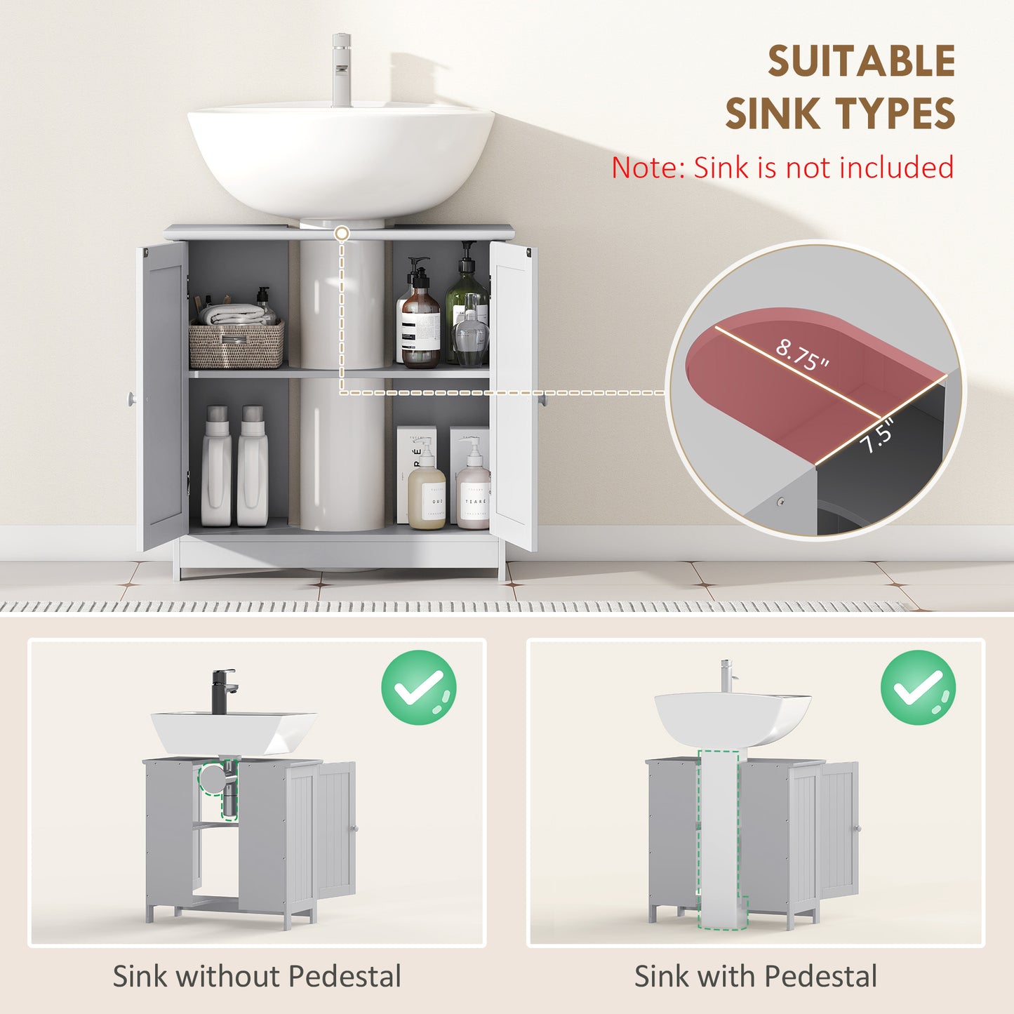 Under Sink Bathroom Storage Cabinet for Pedestal Sinks - Space Saving Vanity Organizer with Adjustable Shelf, Light Gray