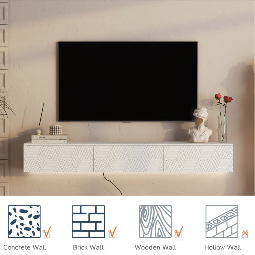 Floating LED TV Stand | 67" Wall Mounted Entertainment Center with Storage & Color Changing Lights (White)