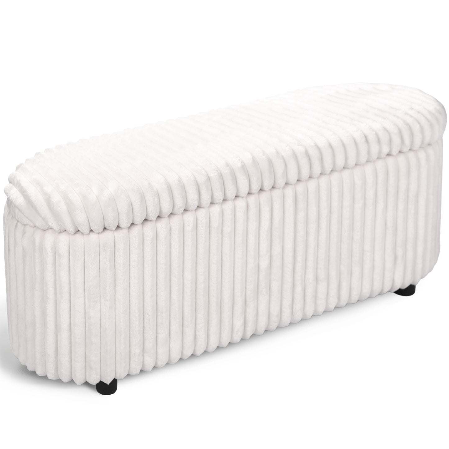 White Upholstered Storage Bench Ottoman - Ribbed Flip-Top Entryway Bench with Hidden Storage, MDF Frame & 400 lb Capacity