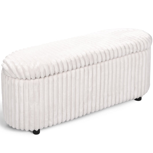 White Upholstered Storage Bench Ottoman - Ribbed Flip-Top Entryway Bench with Hidden Storage, MDF Frame & 400 lb Capacity