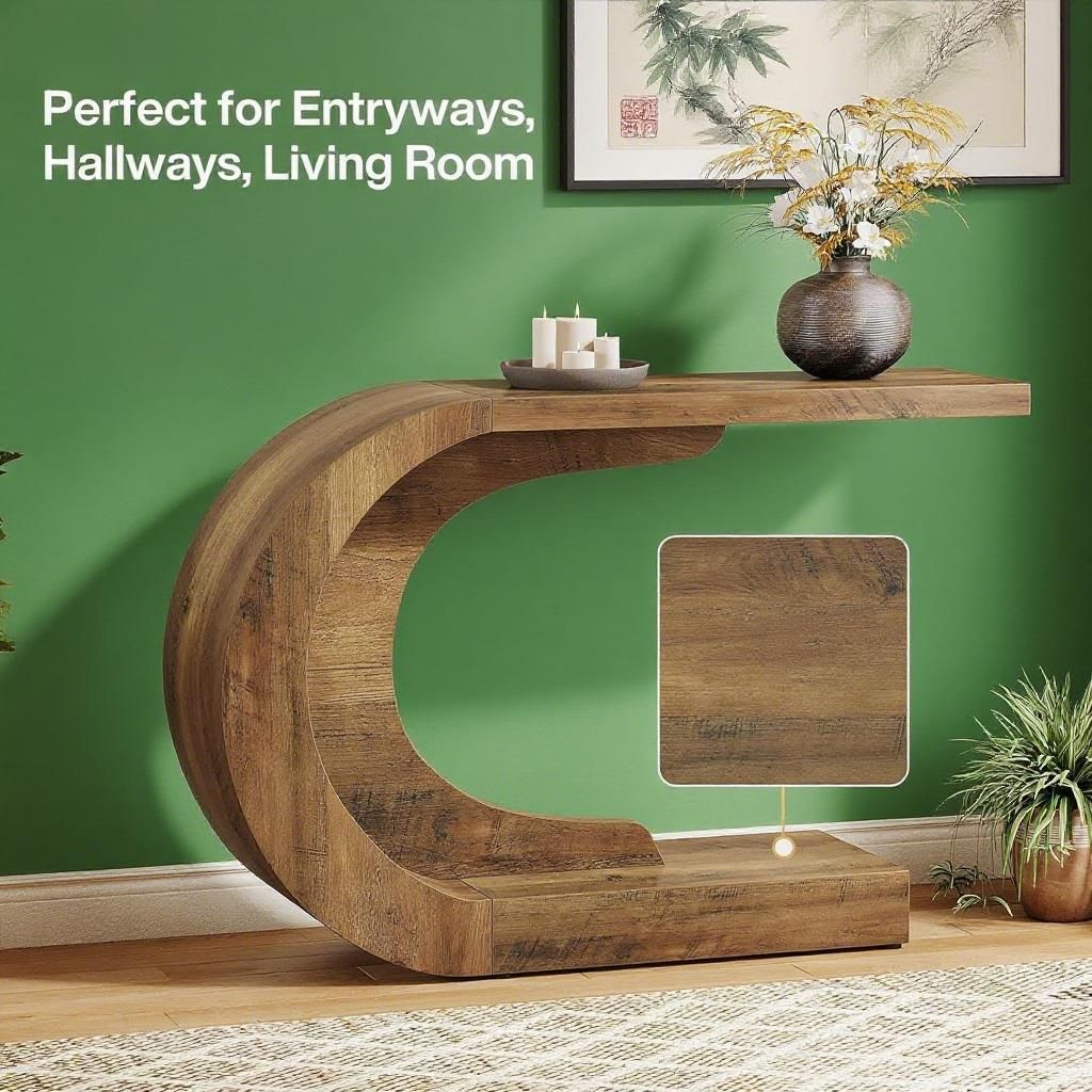Modern Curved C-Shaped Console Table - Sculptural Wood Entryway Accent Table for Hallway or Living Room