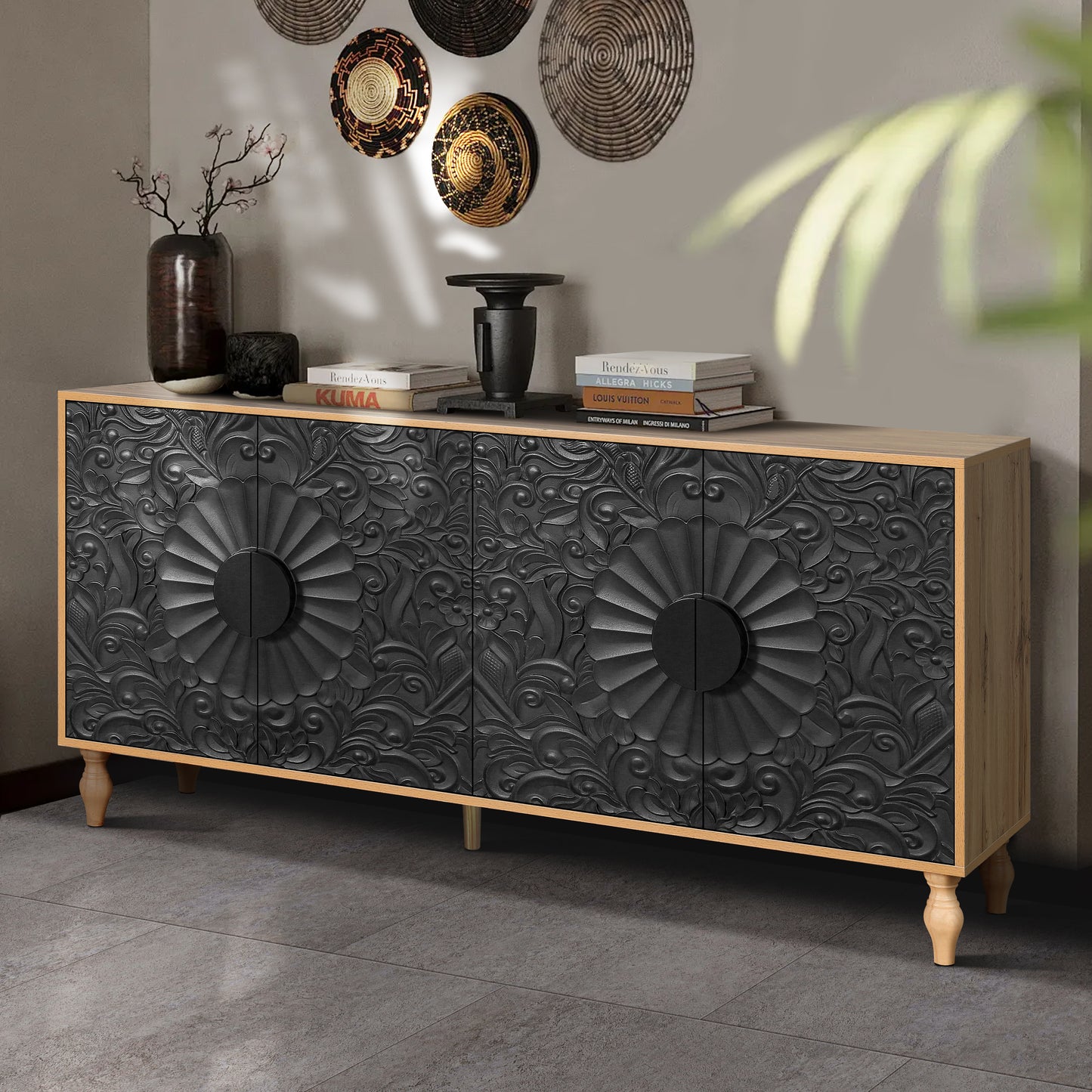 Natural Wood TV Stand Cabinet with Black Carved Doors - 4 Door Storage Console | Decorative Living Room Media Cabinet