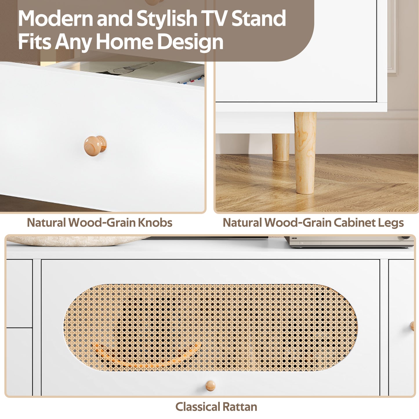 The "Grand Vista" 70" Boho-Rattan Console | Extra-Wide Media Center with Pine Wood Accents