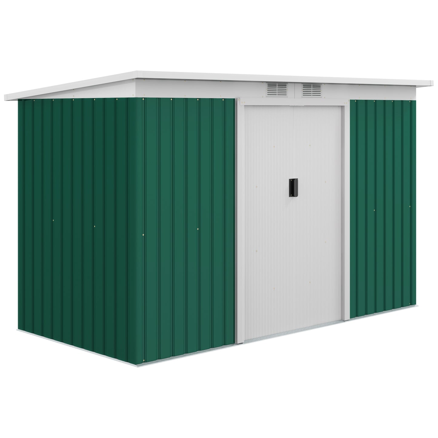9 x 4.5 ft Lean-to Metal Storage Shed - Green Outdoor Garden Shed with Sliding Doors, Ventilation & Foundation Frame.