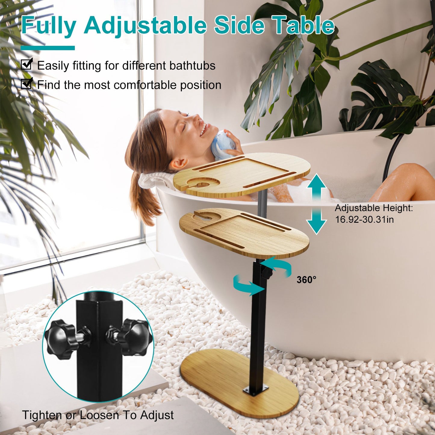 Adjustable C-Shaped Bath Tray Table - 360 degree Rotating Bamboo Bath Caddy for Tub, Sofa or Bed, Freestanding Side Table