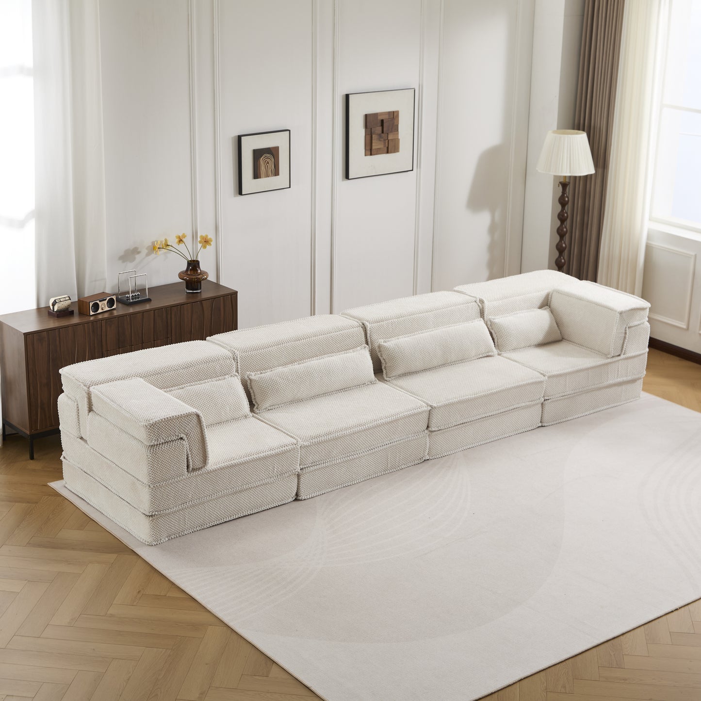 Oversized Modular Floor Sofa Bed - 4 Seat Memory Foam Sectional (118" Convertible Couch, No Assembly) - White