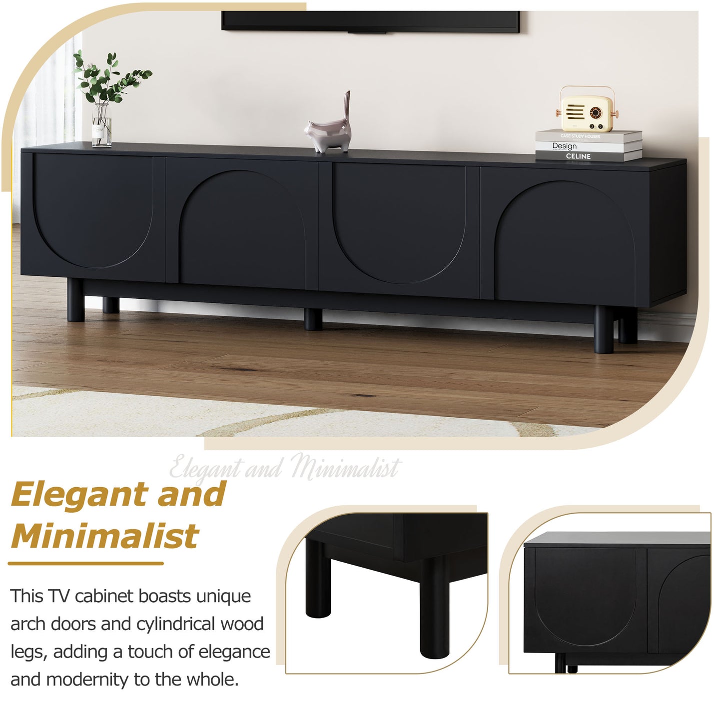 Modern Black TV Stand with Arch Doors - 70.8" Minimalist Entertainment Center for TVs up to 78"