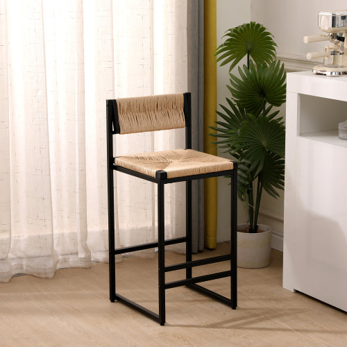 Farmhouse Woven Bar Stools Set of 2 - Natural Paper Rope Seat with Black Metal Frame, Counter Height Kitchen & Island Chairs
